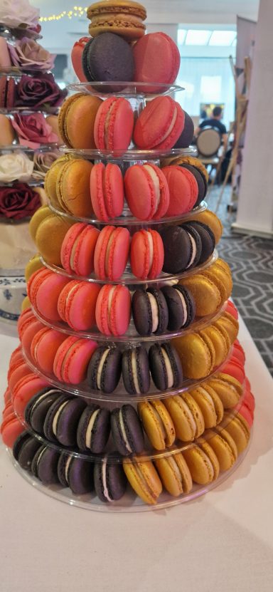 8 Tier Macaron Tower in Pink, Black & Gold