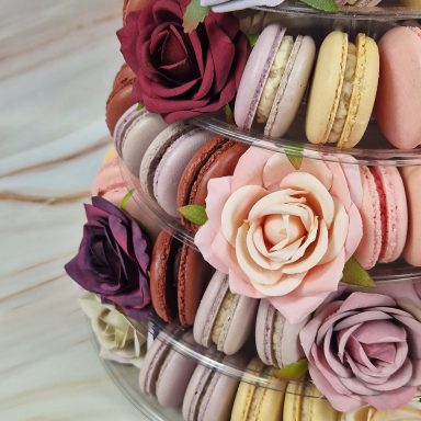 Lilac, Rose Pink, Burgundy, Cream Macaron Tower with Flowers